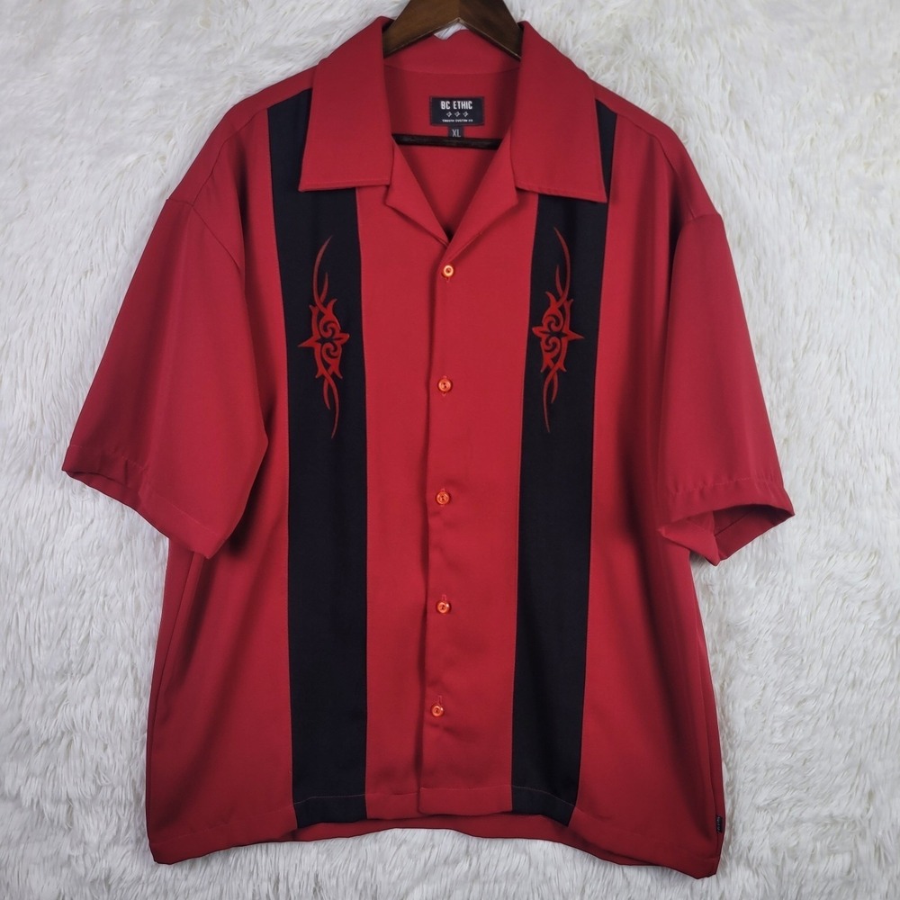 BC Ethic Mens XL Bowling Shirt‎ Red Black Tribal Embroidered B4859-SS USA Made